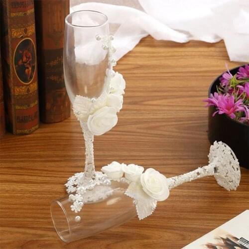 2pcs Set Wedding Glass Creative Pearl Flower Crystal Wedding Champagne Glasses