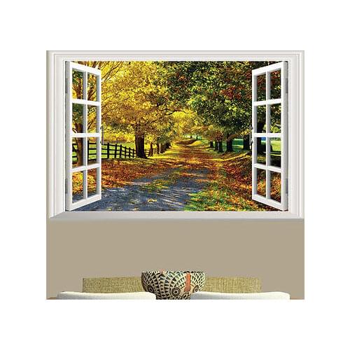 3D Window Maple Leaf Boulevard Fake Window Wall Art Sticker Large Mural PVC Decal For Home Decoration