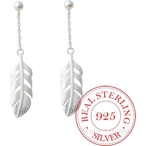 925 Sterling Silver Feather Charm Dangle Drop Earrings for Women Girls Wedding Party Gift Femme Jewelry