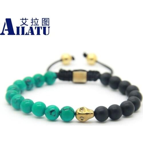 Ailatu Men Gift 8mm Matte Onyx Stone Beads Hematite Skull Macrame Bracelet