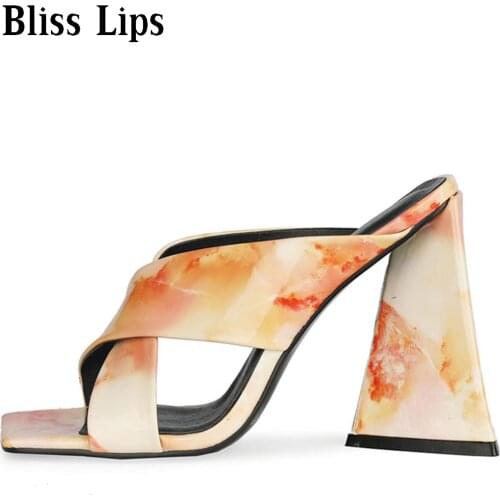 Womens Sandals Summer Womens Marbling Thick-soled High-heeled Slippers Thick-heeled Party Nightclub Slippers Size 34-45