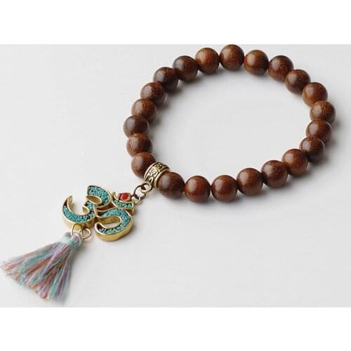 Gold Sandalwood Beads Tassel Om Healing Lucky Charm Bracelet Handmade Tibetan Buddhism Chakra Mala Bracelet for Women Men