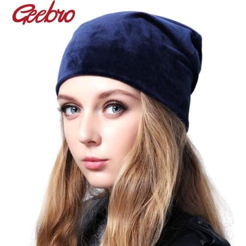 Geebro Brand Womens Velour Beanie Hat Casual Polyester Skullies Beanies For Women Winter Velvet Plain balaclava Bonnet Sapka