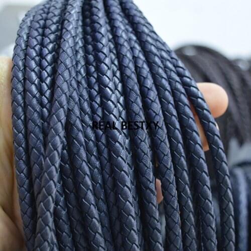D013 5m/lot approx 5mm blue Round Genuine Braided Leather Cord Real Cow Leather Cords String Rope Bracelet Findings Diy Jewelry