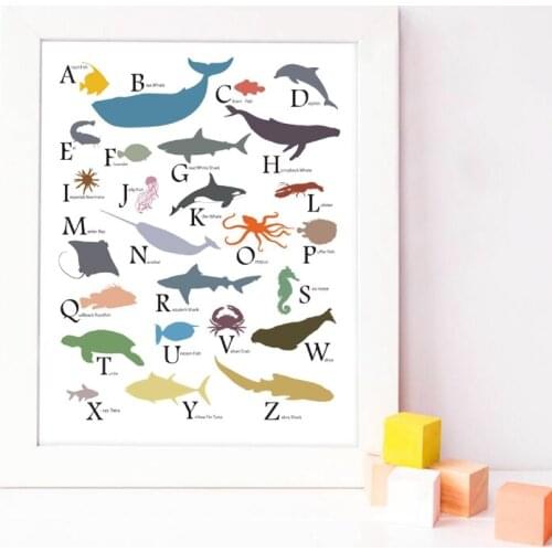 Ocean Animals Alphabet Print Kids Animal Poster Gender Neutral Nursery Decor Educational Childrens Wall Art Canvas Painting