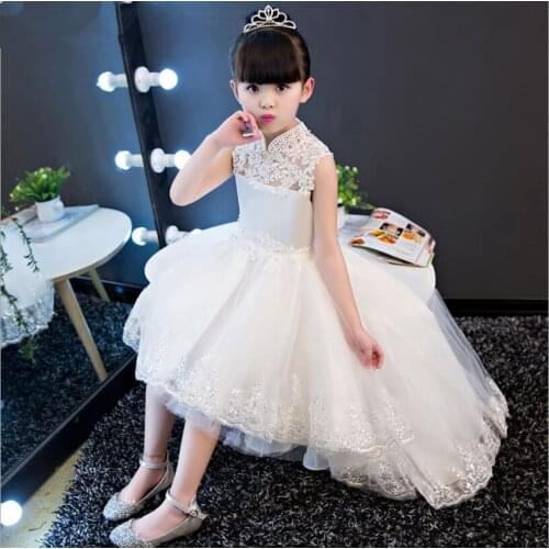 Children Short Front Long Back Wedding Dress With Flower Lace Train Prom White Tulle Sequin Kid Girl Formal Flower Girl Dresses