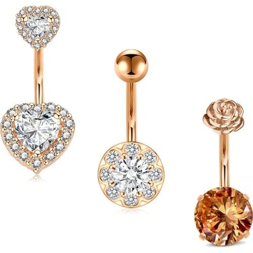 Belly Button Rings 14G 3Pcs Surgical Stainless Navel Belly Ring Cubic Zirconia Navel Curved Barbell Rose Flower Top Style