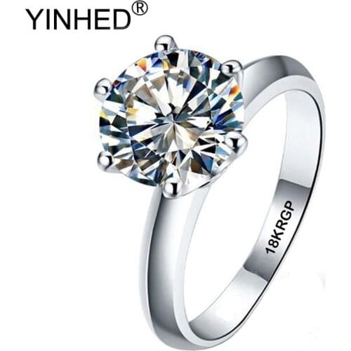 YINHED Original 2 Carat White Solitaire Ring 18KRGP Gold Color Real Zircon CZ Engagement Ring Wedding Jewelry for Women DR168