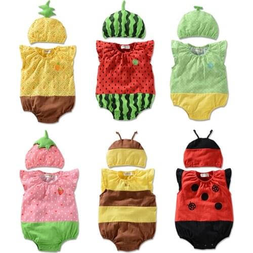 Baby Rompers Newborn Boys Girls Clothes Summer Sleeveless Infant Clothing Animal Fruit Suit Newborn Cute Jumpsuits+Hat Costumes