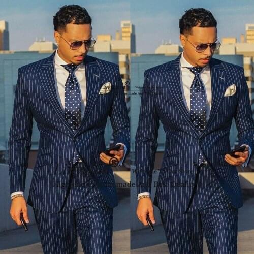 Handsome Navy Blue Striped Men Suit Slim Fit Custom Business Party Wedding Suits for Men Blazer Groom Prom Tuxedo Jacket & Pant