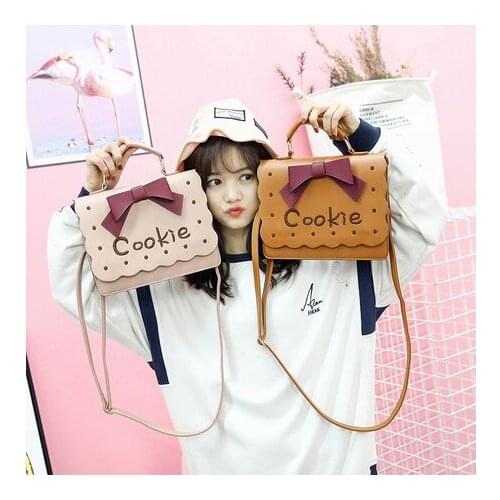 Sweet Lolita Small Fresh Cookies Embroidery Crossbody bag Harajuku Girl Kawaii Bow Handbag Shoulder Bag Pink+Brown Uniform Bag