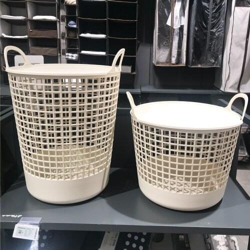 Simple Style Beige with Lid and Handle Sundries Storage Bucket Laundry Basket