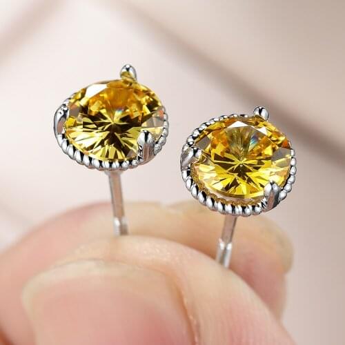 Simple 7MM Sparkling Geometric Earrings for Women Girls Round Yellow Zircon CZ Piercing Stud Earrings Birthday Jewelry Gift