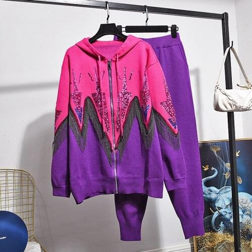 2020 Spring Autumn Women Hooded Sequin Contrast Tassel Tracksuit 2 Piece Set Sweater coat + Fashion Pants Women knitted Set G457
