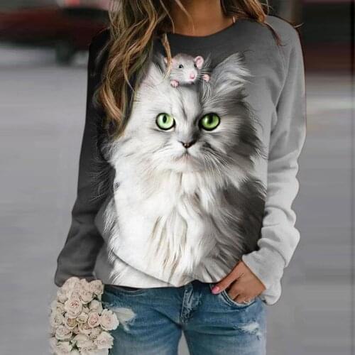 2021 Spring 3D Cat And Mouse Print Women Blouse Shirt O-Neck Long Sleeve Casual Female Pullover Tops Plus Size Camiseta De Mujer