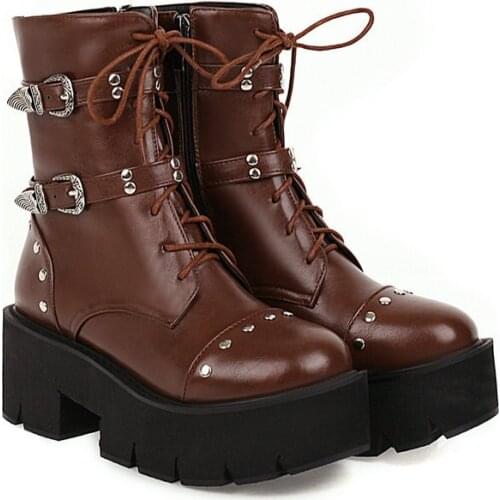 Women Motorcycle Boots Platform Mid-Calf Boots Gothic Punk Retro Rivet Buckle Strap Boots Female High Heels Boots Plus Size