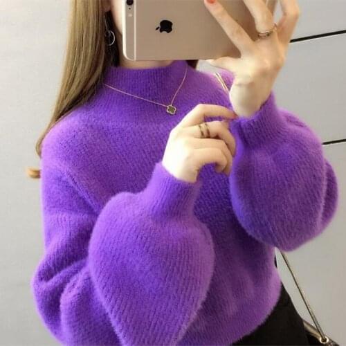 2020 Women Winter Water Velvet Korean Warm Turtleneck Sweater Mohair Female Sweater Lantern Sleeve Casual Solid Color Pullover