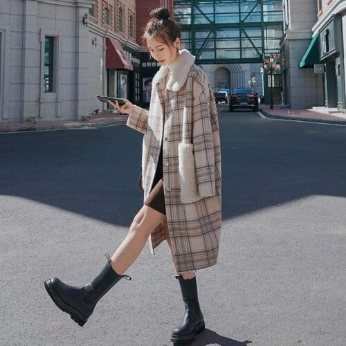 Womens Tartan Coat Mid-Length Autumn And Winter New Korean Style Over-The-Knee Thick Lamb Wool Stitching Woolen LCM1200