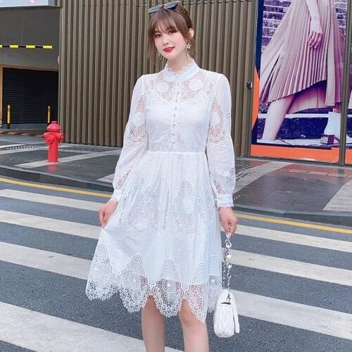 DIDABOLE Summer New WomenS White Lace Embroidery Hollow Button Decoration Long Sleeve Elegant Fashion Party Casual Dress