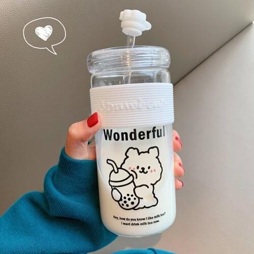 450ml Kawaii Boba Bear Glass Water Bottle Cute Bubble Milk Tea BPA Free Clear Drink Water Bottles With Straw Office Coffee Cups