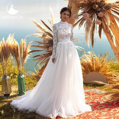 Aedmgh A-Line Beach Wedding Dresses 2021 High Neck Long Sleeve Bride Dress Lace Appliques Simple Court Train Boho Bridal Gowns