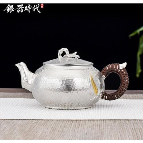 Ag999 Sterling Silver Teapot Hand-Carving Kitchen Utensils Built-in Filter Handmade Coffee Tea Pot