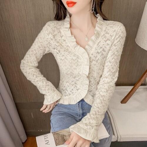 Slim Lace V-neck Black Fashion Women Blouses 2021 Autumn Elegant Shirts V-neck Ladies Tops Female Clothing Korean Style New