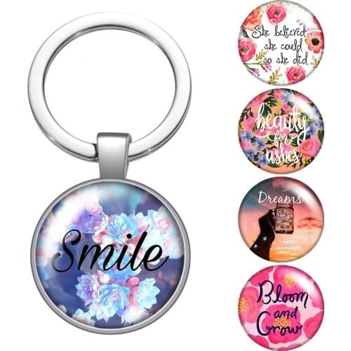 Flower Smile Dream words glass cabochon keychain Bag Car key chain Ring Holder Charms silver color keychains for Men Women Gifts