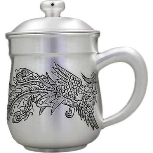 Pure Silver Tea Cup 999 Foot Silver Water Cup Dragon Phoenix Silver Cup Mug Office Cup Large Mouth Silver Water Cup Food Grade