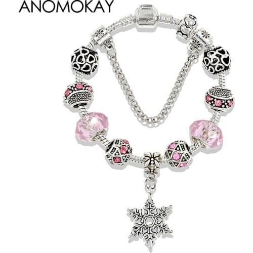 Classic Silver Color Snowflake Pendant Charm Bracelet Pink Crystal Heart Women Bead Bracelet Bangle Diy Jewelry Accesories Gift