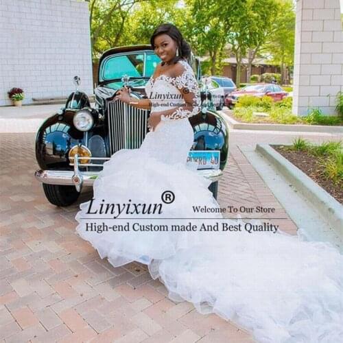 Top Sale Long Sleeves Ruffle African Mermaid Wedding Dresses 2020 Organza Beads Sheer Bride Dress Lace Big Train Wedding Gown
