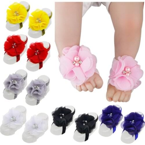 Nishine 2pcs/pair Fashion Newborn Chiffon Artifical Flower Barefoot Sandal Elastic Glitter Head Band Baby Kids Photo Props