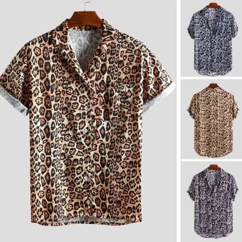 Mens sexy Wild Leopard Printed Shirts tops Chest Pocket Turn Down Collar Short Sleeve Casual Loose Shirt 2020 new mens T-shirts