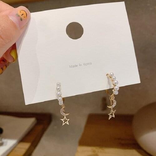 2020 New Fashion Womens Earrings Delicate Sweet Cute Star Moon Pearl Drop Earrings For Women Party Girl Jewelry Gifts Wholesale