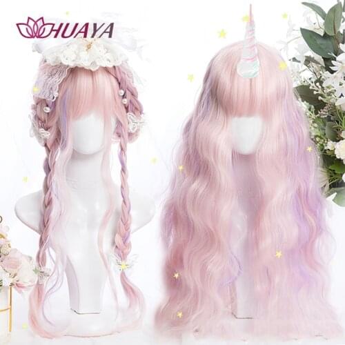 HUAYA Halloween Cosplay Wig Long Natural Wave Purple Mixing Pink Synthetic Hair Wigs for Woman Heat Resistant Fiber Wig