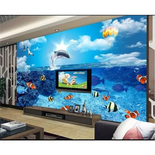 Custom cartoon Wallcoverings,underwater world of dolphins and fish for the living room baby room backdrop wall wallpaper