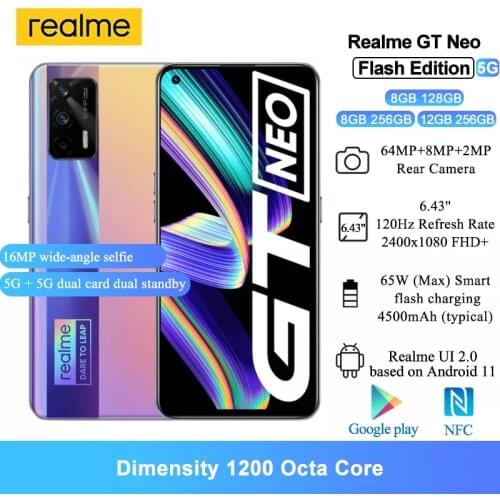 Realme GT Neo 5G Smartphone 6.43" 64MP AI Triple Camera Dimensity 1200 Octa Core Android Cell Phones 50W Fast Charger 4500mAh