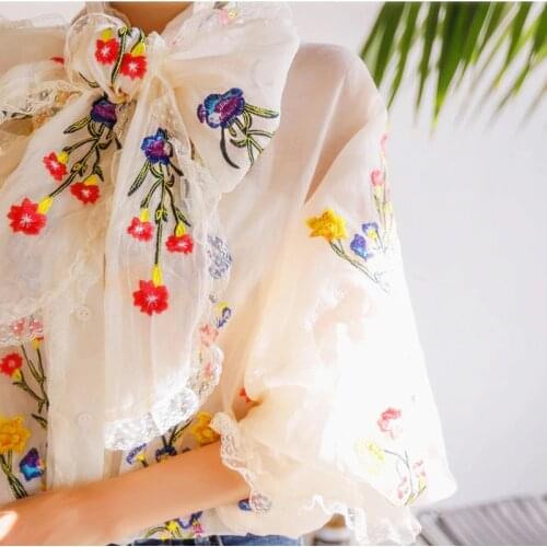 Women Blouse Luxury Embroidery Floral Blouses Long Lantern Sleeve Loose Casual Elegant Tops Ladies Sweety Big Bows Blouse NS858
