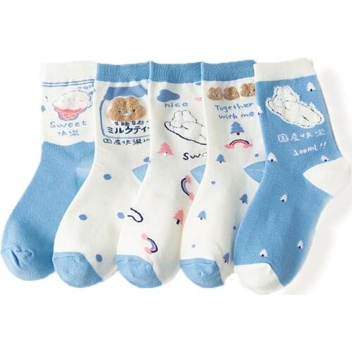 Women Cotton Short Socks Japanese Cute Lady Cartoon Rabbit Middle Tube White Animal Sock Casual Funny Harajuku College Style Sox