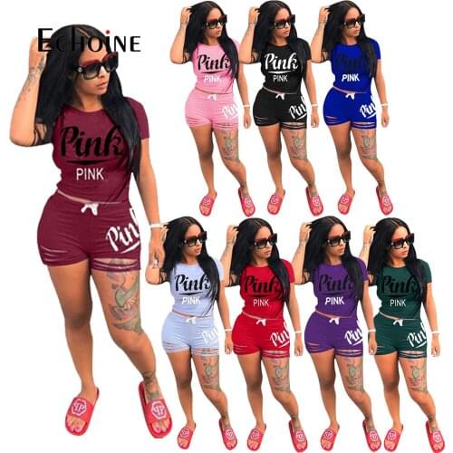 Echoine Women PINK Letter 2 Two Piece Set Summer Crop Tops Hole Shorts Tracksuit Clothing Matching Casual Bodycon Biker Outfits