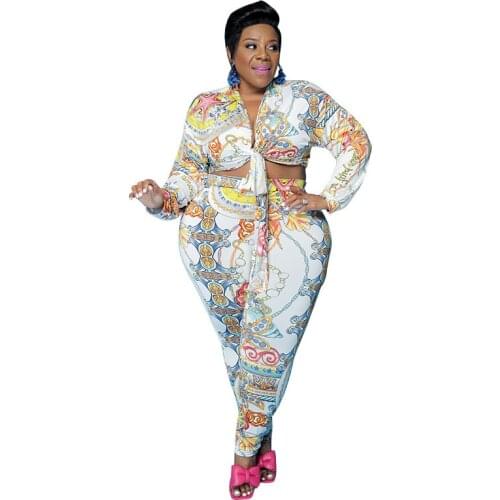 4XL Plus Size Women Sets Lace Up Crop Tops And High Waist Pant Suit 2021 Fashion Dashiki Print Casual Large Size 2 Piece Outfits