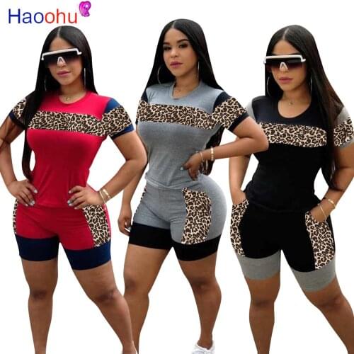 HAOOHU Sport Leopard Splicing Women Set Two Pieces Set Tracksuit Crop Top Shorts Jogger Sweatpant Suit Outfit Matching Set