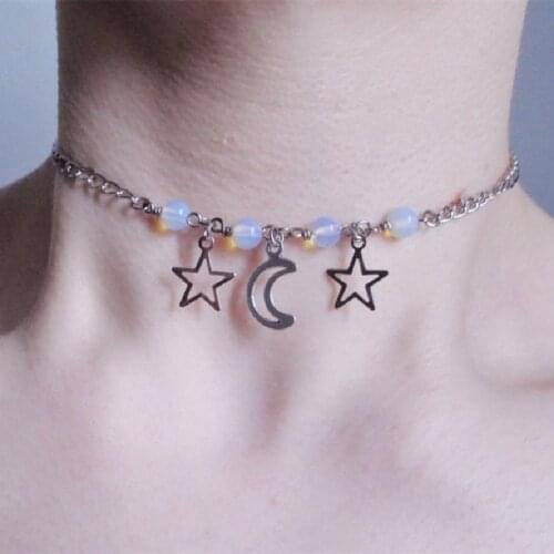 Goth Opalite Moon and Star Choker Pastel Necklace Kawaii Choker Goth Boho Choker and Star Statement Pendant Charm Women Gift