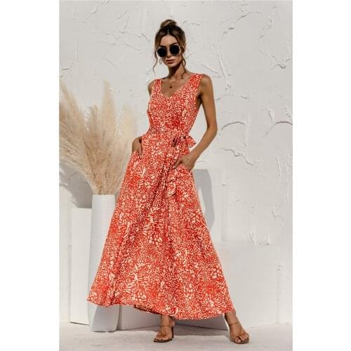 Bohemian Style Summer Dress Women A-Line Long Dress For Women Bandage V-Neck Sleeveless High Waist Dresses Femme Robes Vestidos