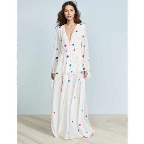 Boho Star Embroidery Maxi Dress 2020 Women Long Sleeve Vneck Black White Chic Dress Laides Elegant Beach Hippie Retro Long Dress