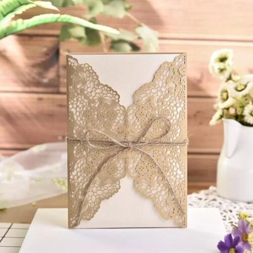 10 Sets Rustic Kraft Paper Laser Cut Invitation Card Hollow Lace Twine Cards for Customize Engagement Wedding Invitations Cards