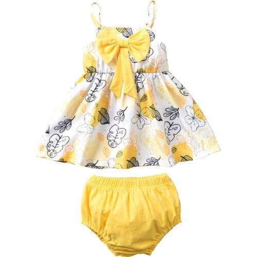 2021 0-18M Sweet Baby Girl Clothes Floral Print Sleeveless Big Bow Top Vest+Yellow Solid Triangle Shorts Summer 2pcs Set