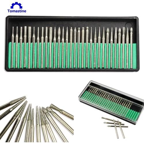 30 pcs/set 3mm Shank Diamond Grinding Burr Needle Point Engraving Carving Polishing Glass Jade Stone Drill Bit Rotary Tool Set