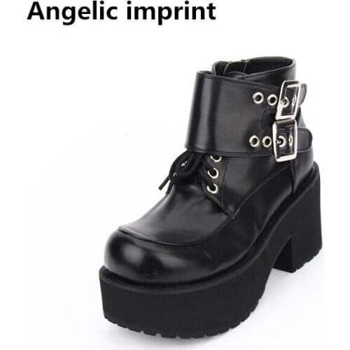 Angelic imprint Women punk motorcycle boots lady lolita ankle Boots woman trifle heel pumps shoes short boots 33-47 buckle 8cm
