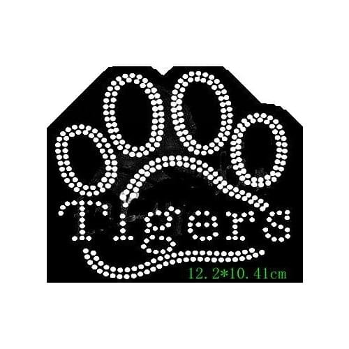 Free shipping tigers paw print rhinestones iron on motif for clothing in white clear crystal